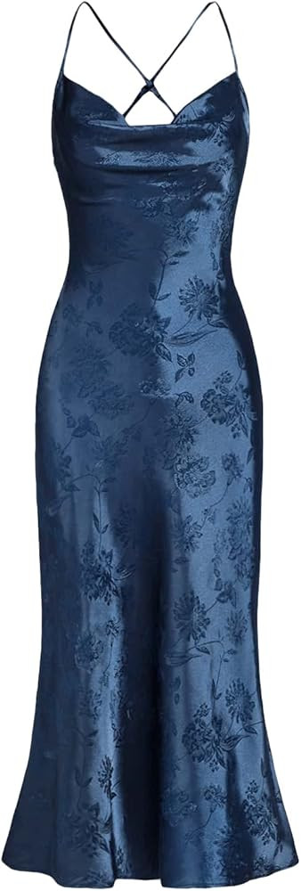 Floerns Women's Spaghetti Strap Cowl Neck Long Slip Satin Silk Midi Dress | Amazon (US)