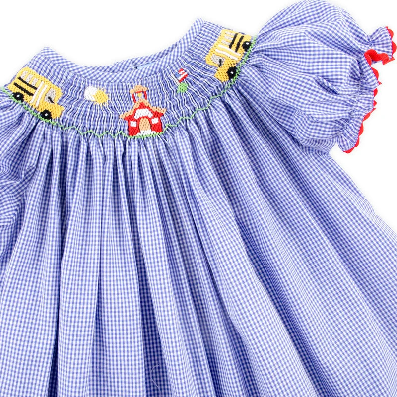 School Bus Smocked Royal Gingham Bishop Dress | Classic Whimsy