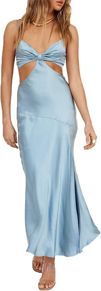 2023 Satin Cut Out Maxi Summer Dresses for Women Silk Spaghetti Strap V-Neck Backless Tie Back We... | Amazon (US)