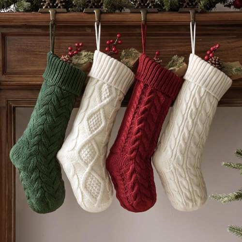 Rustic Knit Personalized Christmas Stockings, 4 Pack 18 inches Knitted Xmas Stockings, Rustic Farmhouse Beige Boho Style Stocking Decorations for Family Holiday Season Decor, Red, Green, White | Amazon (US)