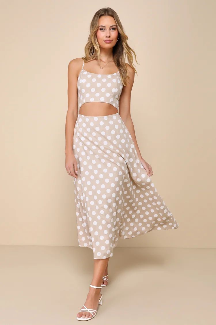 Sunny Day Sweetie Beige Polka Dot Tie-Front Cutout Maxi Dress | Lulus