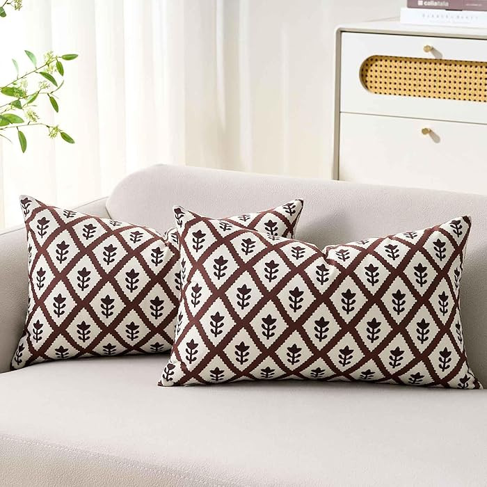 Brown Throw Pillow Covers 12x20 Inch Set of 2 Lumbar Block Print Pattern Cushion Covers Modern Vi... | Amazon (US)