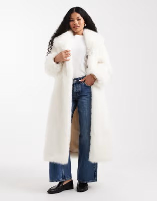 ASOS DESIGN Petite longline belted faux fur coat in cream | ASOS (Global)