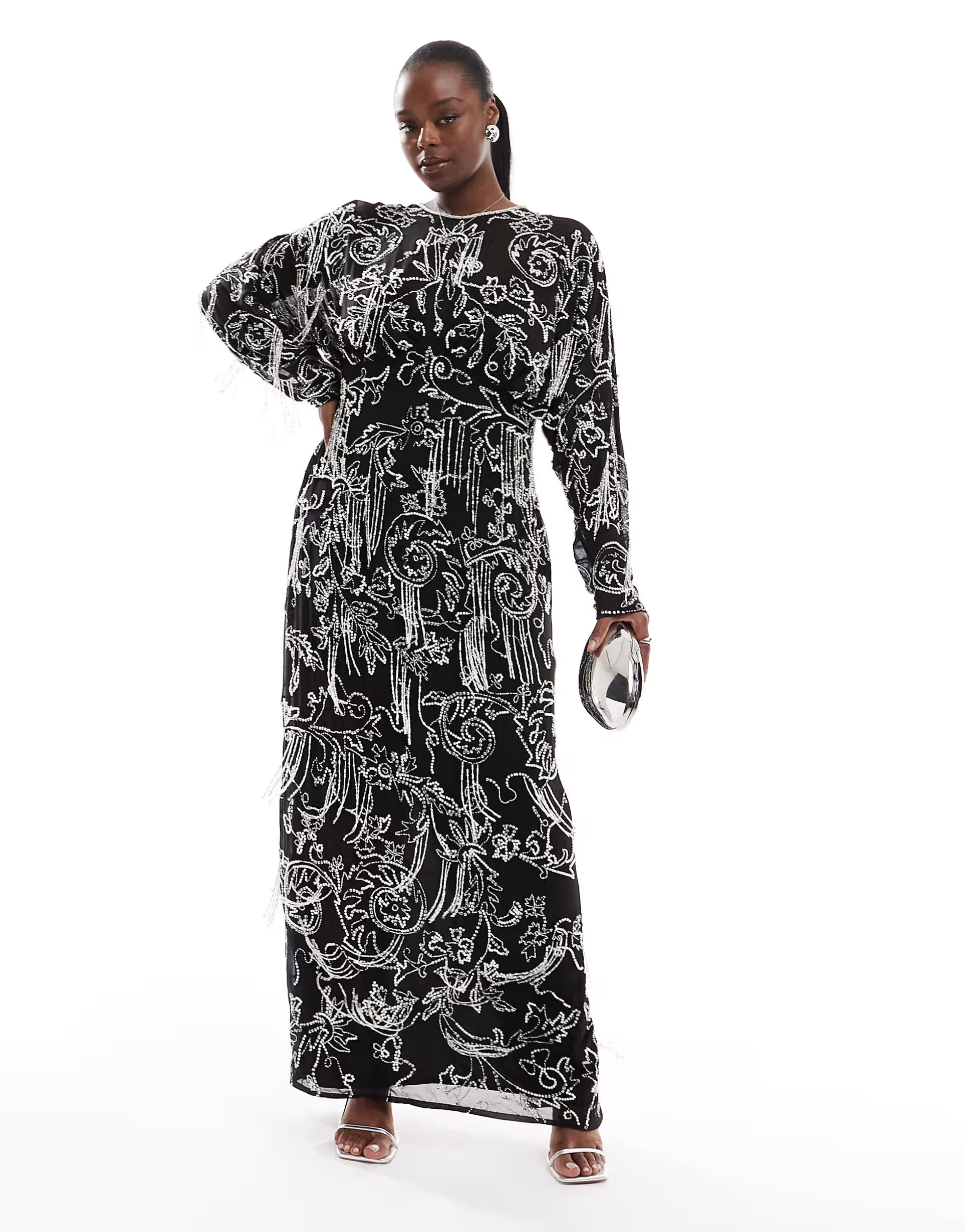 ASOS DESIGN Curve long sleeve allover fringe embellished maxi dress in black | ASOS (Global)