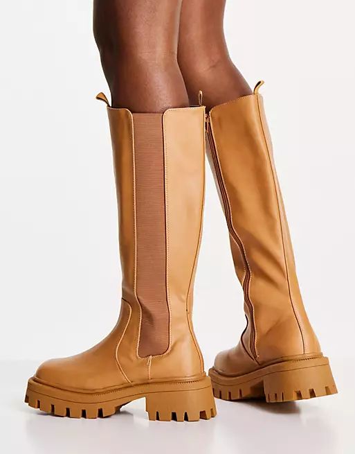 ASOS DESIGN Chestnut square toe chunky knee boots in camel | ASOS (Global)
