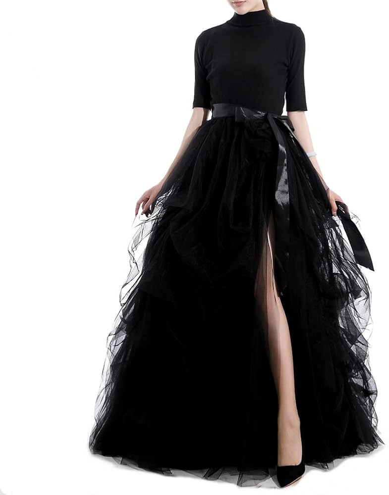 Qmker Women's Long Tutu Tulle Skirt A Line Floor Length Black Special Occasion Night Out fold Ski... | Amazon (US)