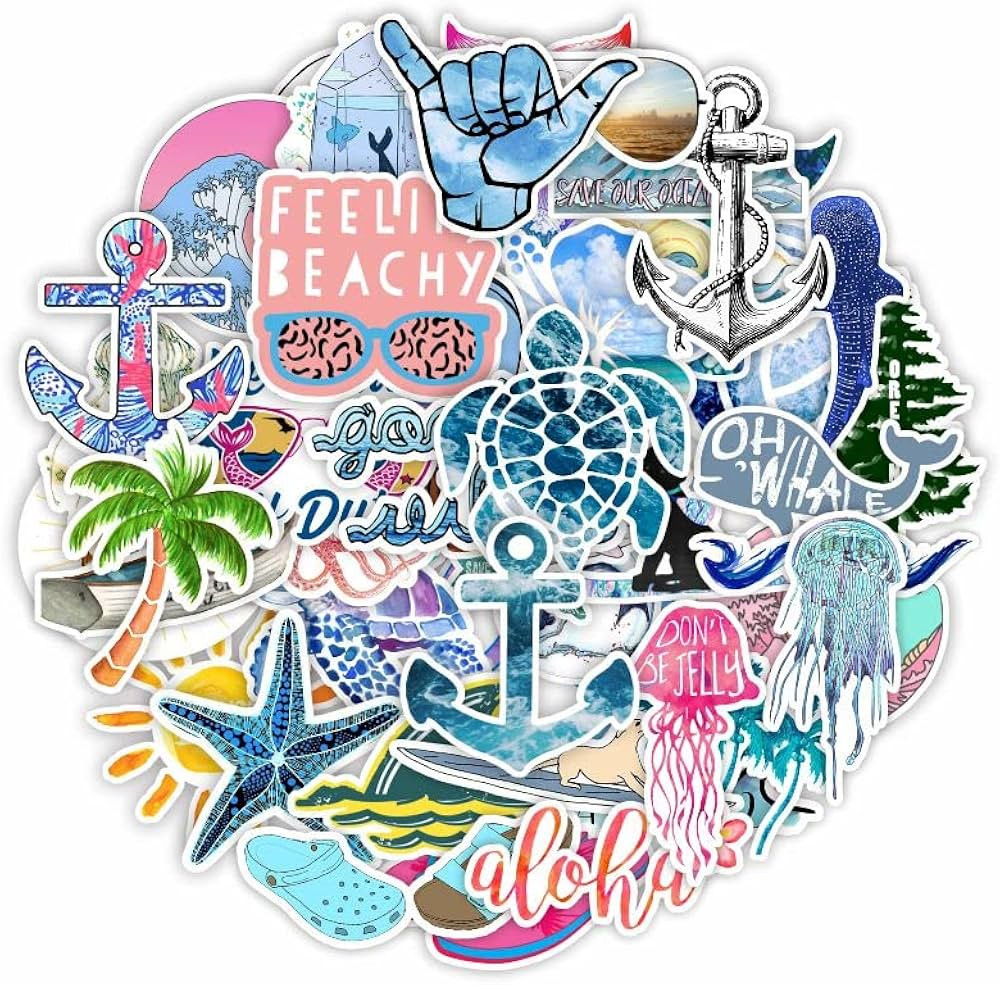 Vinyl Sea Stickers Vacation Beach Stickers Turtle Stickers Pack 50 Pcs Outdoors Aesthetic Beach S... | Amazon (US)