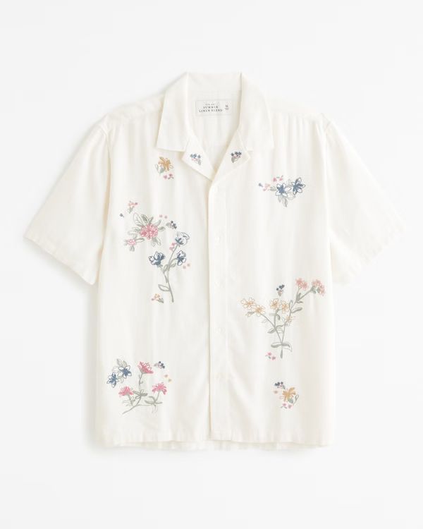 Camp Collar Summer Linen-Blend Embroidered Shirt | Abercrombie & Fitch (US)