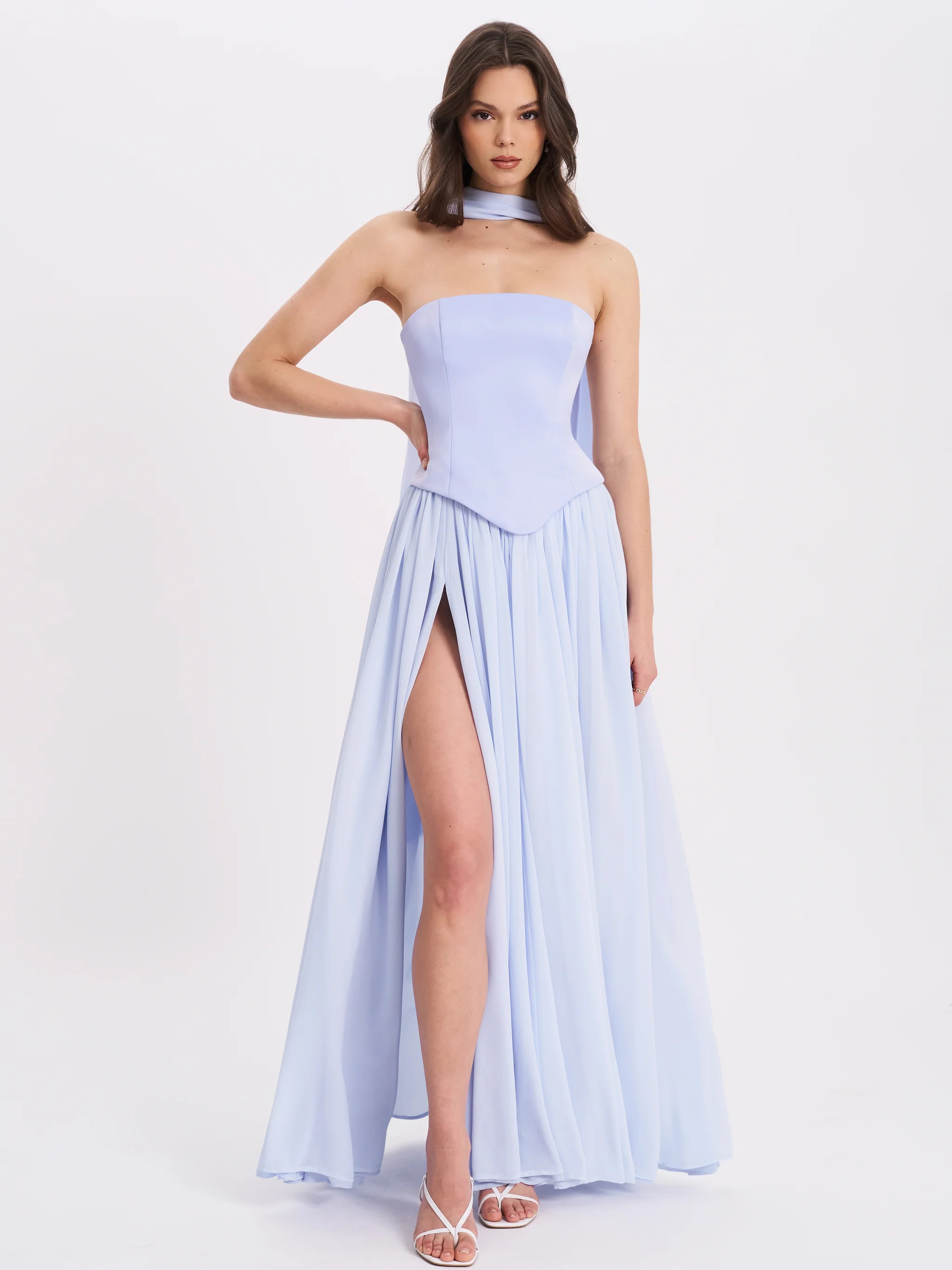 Qianna Baby Blue Peplum Top Drop Waist Chiffon Gown | Miss Circle