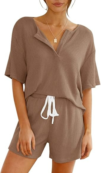 KIKIBERRY Women's Short Sleeve Lounge Set with Short Casual 2 Piece Knit V Henly Neck Outfit Slee... | Amazon (US)