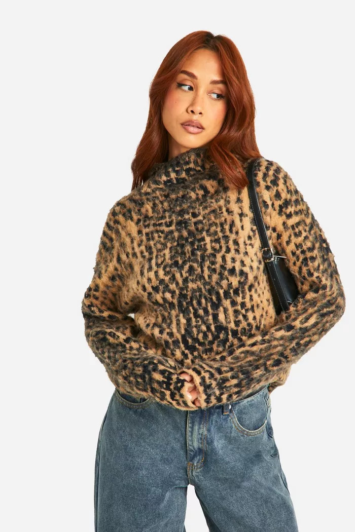 Brushed Leopard Knitted Roll Neck Jumper | Boohoo.com (UK & IE)