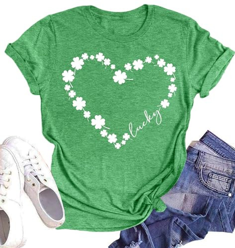 St. Patrick's Day Shirts for Women Shamrock Heart Graphic Tees St Patty's Lucky T-Shirt Irish Tops(Green8,Small) | Amazon (US)