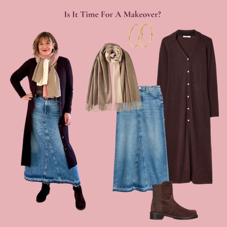 Denim maxi skirt outfit, long line cardigan, chunky boots, cashmere scarf, hoop earrings 

#LTKstyletip #LTKover40 #LTKeurope