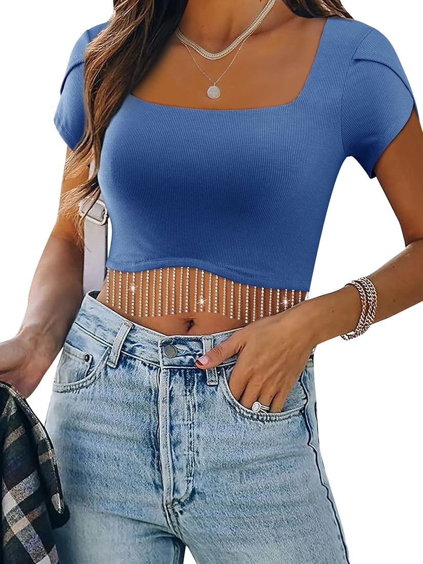 WLLW Women Nashville Sparkly Rhinestone Fringe Petal Sleeve Crop Top Square Neck Cropped Shirt To... | Amazon (US)