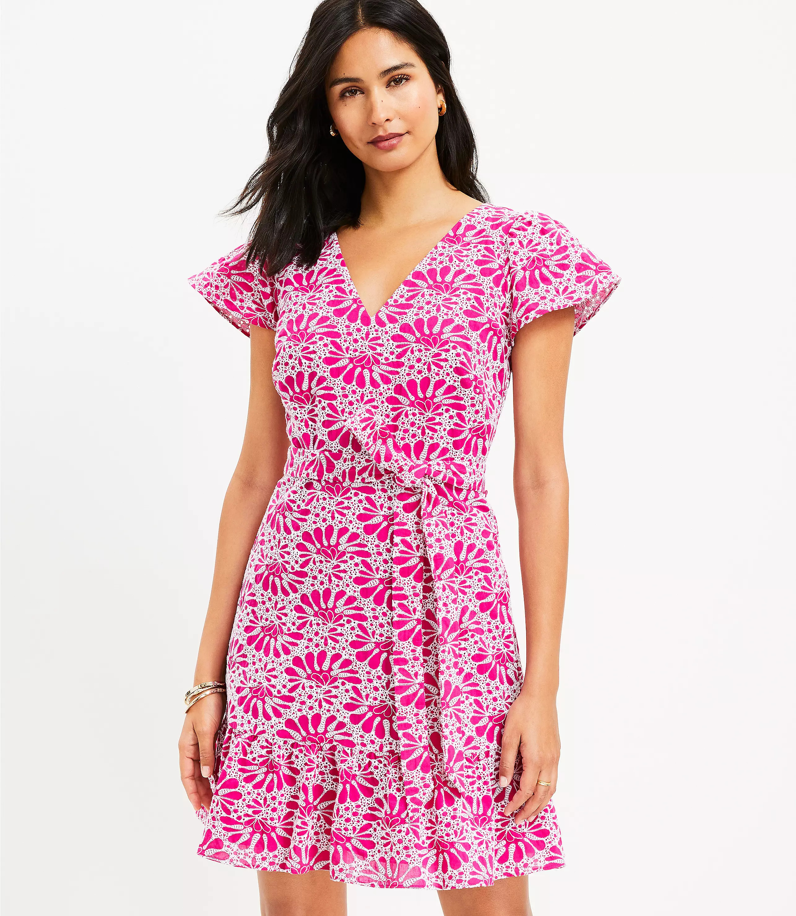 Eyelet Belted Flutter Sleeve Swing Dress | LOFT