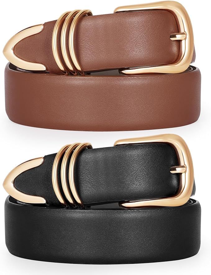 Women's Leather Belts for Jeans Dresses Ladies Waist Belts with Fashion Gold Buckle | Amazon (US)