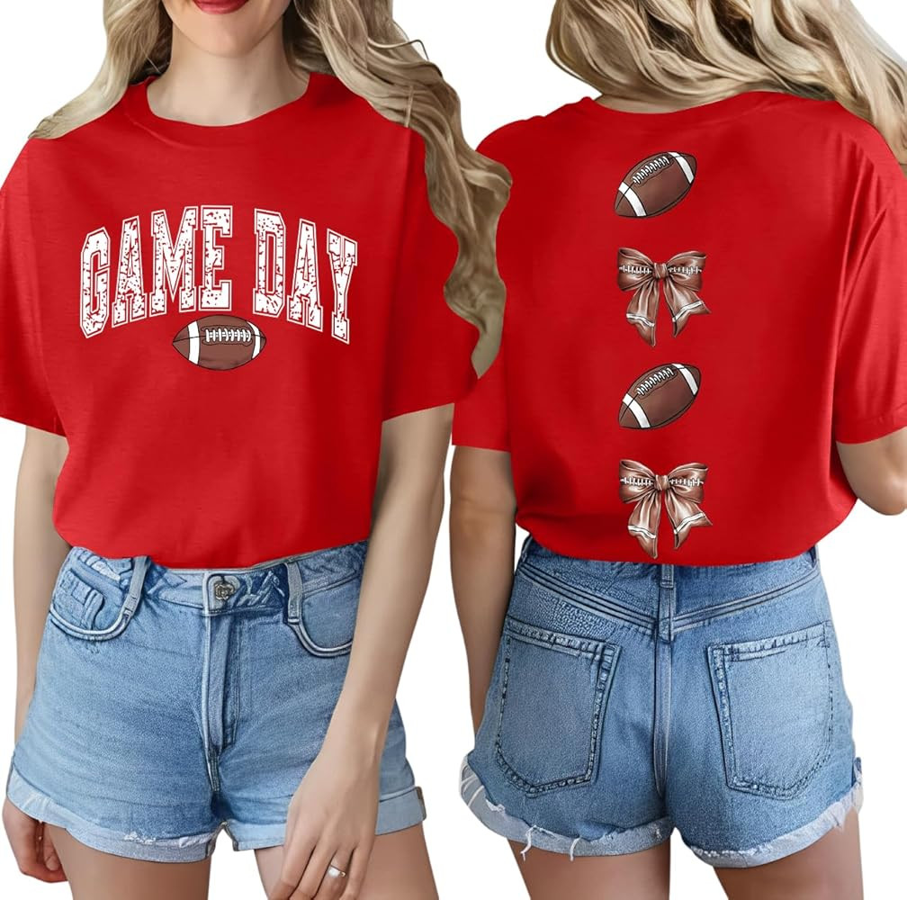 Football Shirts for Women Game Day Football Mom Tshirt Soccer Lover Bow Graphic Tee Shirt | Amazon (US)