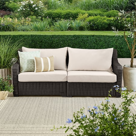 Better Homes & Gardens Bellamy Sofa, Dark Brown Wicker/Cream Cushions | Walmart (US)