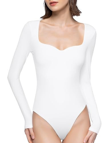 PUMIEY White Long Sleeve Bodysuits for Women Sweetheart Neck Body Suits Going Out Tops, Splashed White X-Large | Amazon (US)