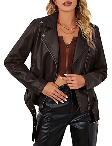 Bellivera Women Faux Leather Short Motorcycle Jacket Fall Clothes Winter Trendy Moto Biker Casual Spring Coat 7906 Coffee M | Amazon (US)