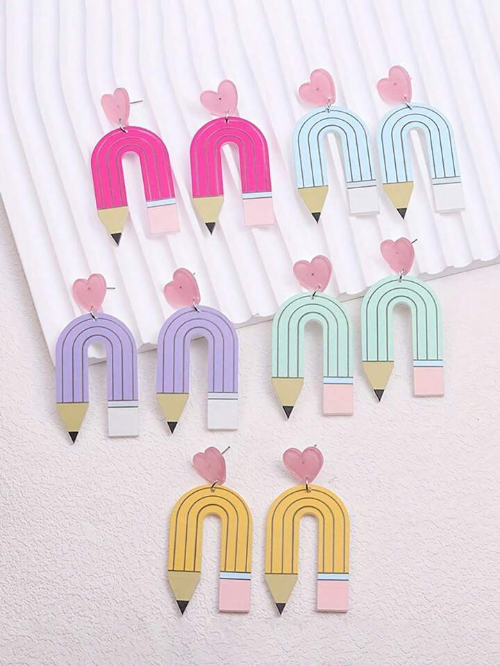 Xiacheng 1 Pair Colorful U Shape Pencil Design Dangle Earrings Cute School Style Acrylic Jewelry ... | SHEIN