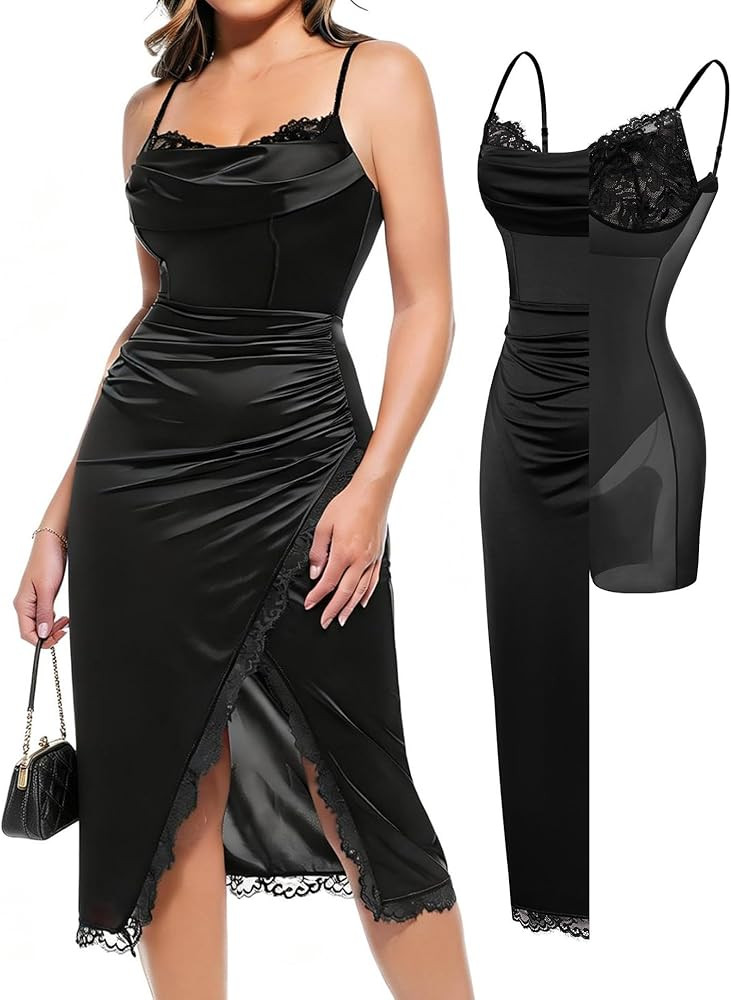 Amazon.com: Popilush Midi Shapewear Dress Women's Satin Slit Classy Corset Dress Black Homecoming Dresses with Built in Lace Bra | Amazon (US)