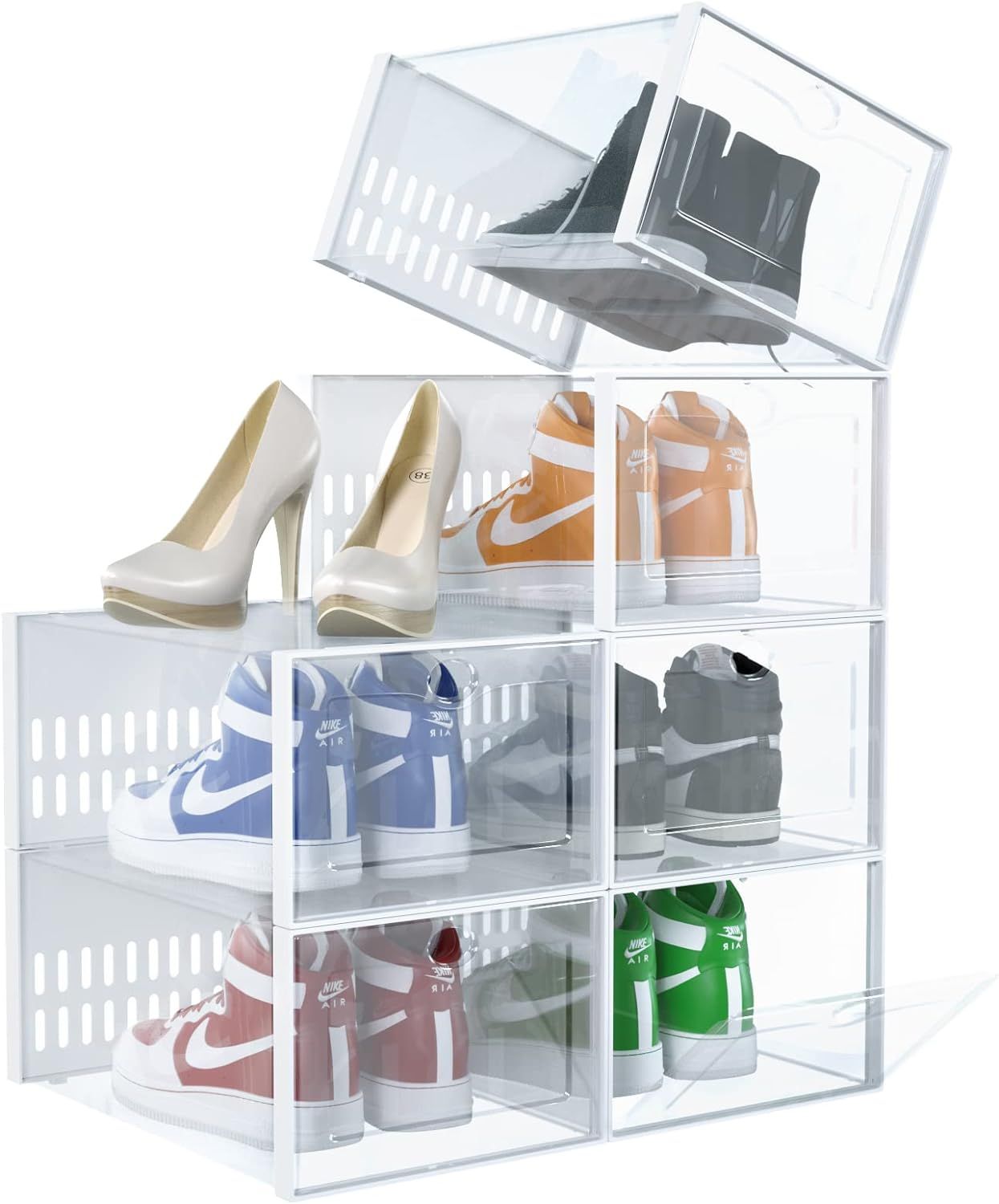 6 Pack Shoe Storage Boxes, Clear Plastic Stackable Shoe Box with lids, Shoe Organizer Storage Bin... | Amazon (US)