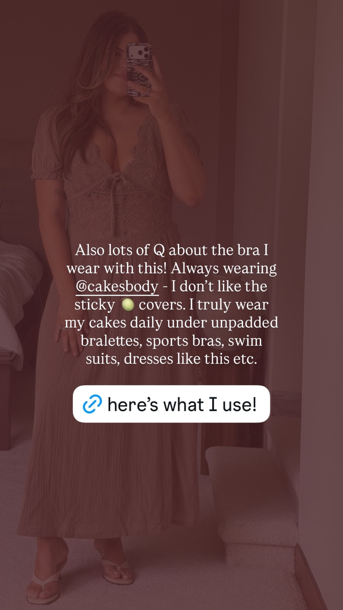 Also lots of Q about the bra I wear with this! Always wearing @cakesbody - I don’t like the sticky 🍈 covers. I truly wear my cakes daily under unpadded bralettes, sports bras, swim suits, dresses like this etc.