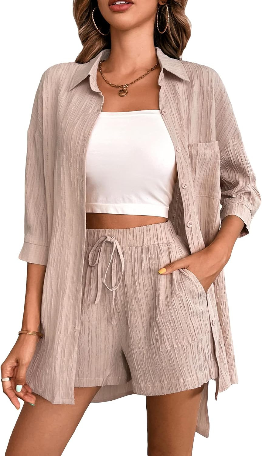 GORGLITTER Women's 2 Piece Outfits Half Short Sleeve Button Down Shirt and Shorts Sets | Amazon (US)