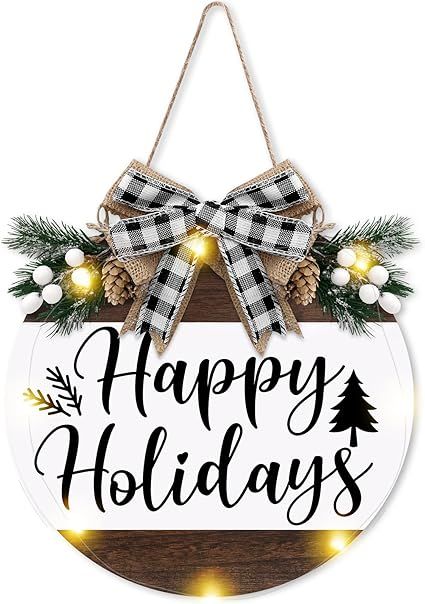 Happy Holidays Door Wreath Sign Christmas Decorations Buffalo Plaid Natural Wood LED Light Xmas H... | Amazon (US)