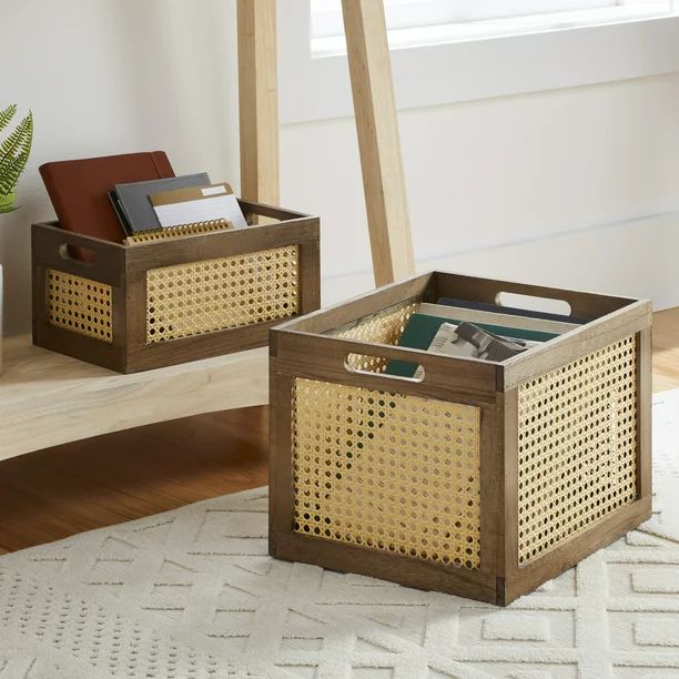 Better Homes & Gardens Small Wood and Poly Rattan Cane Weave Storage Crate - Walmart.com | Walmart (US)