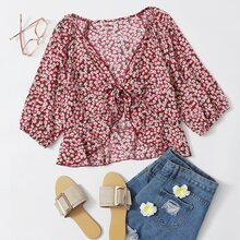 Plus Tie Front Ruffle Hem Ditsy Floral Top | SHEIN