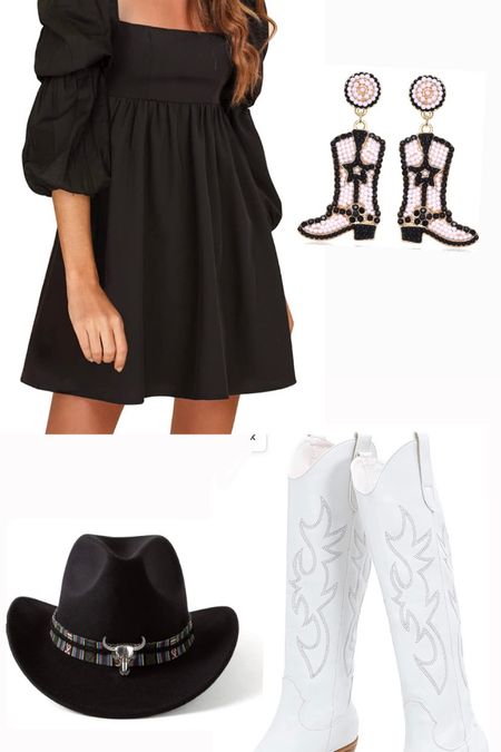 Nashville outfit! Date night outfit! Brunch outfit! White cowboy boots, cowboy hat! Cowboy boot earrings! Bachelorette weekend! Howdy girls! 