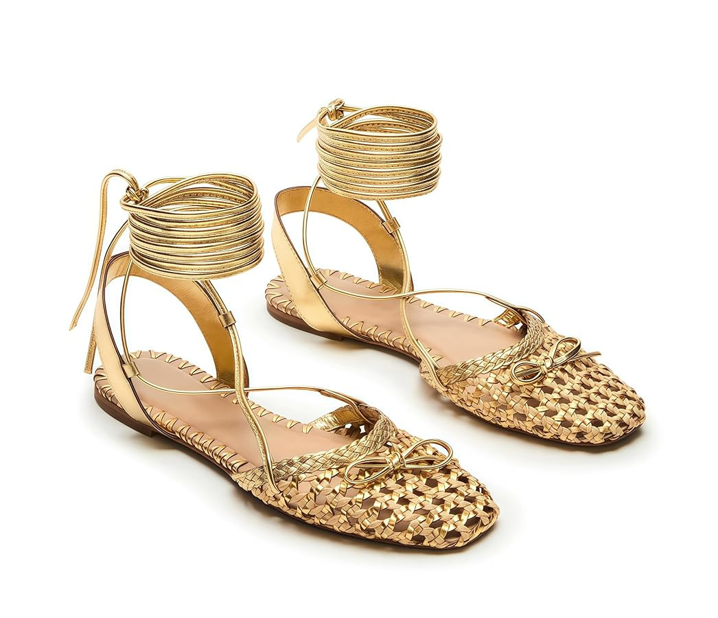 Woven Ballet Flats for Women Lace Up Closed Square Toe Summer Flats Shoes | Amazon (US)