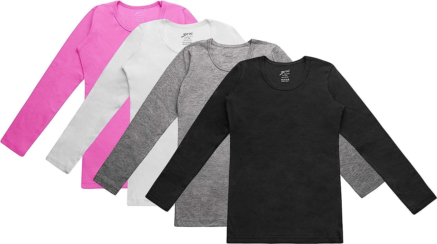 Brix Girls' Long Sleeve Tees - 4 -Pack Crew Neck Super Soft Cotton T Shirts. | Amazon (US)