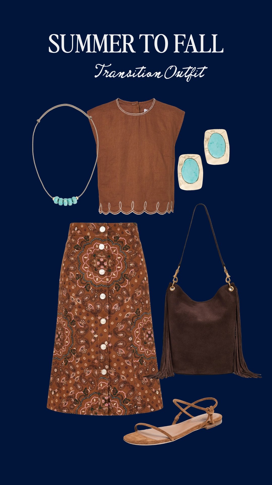 Brown MidiBrown Midi Skirt Outfit | Suede Top + Turquoise for Early Fall 🍂

A brown midi skirt outfit that feels like the first real day of fall | a rust paisley button front miA brown midi skirt outfit that feels like the first real day of fall | a rust paisley button front midi with a suede scalloped top, turquoise jewelry, and a fringed suede bag. Sandals now and boots later make it one of the easiest transitional fall outfits for fall 2026.

#LTKTravel #LTKmomlife #LTKdayinmylife