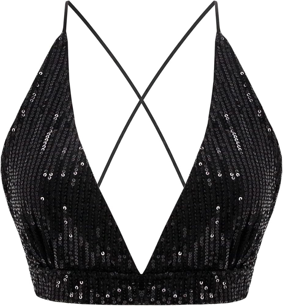Monanoat Women’s Sexy Sequin Crop Top V Neck Bandage Tank Top Bustier Cami Dance Bra Top for Cl... | Amazon (US)