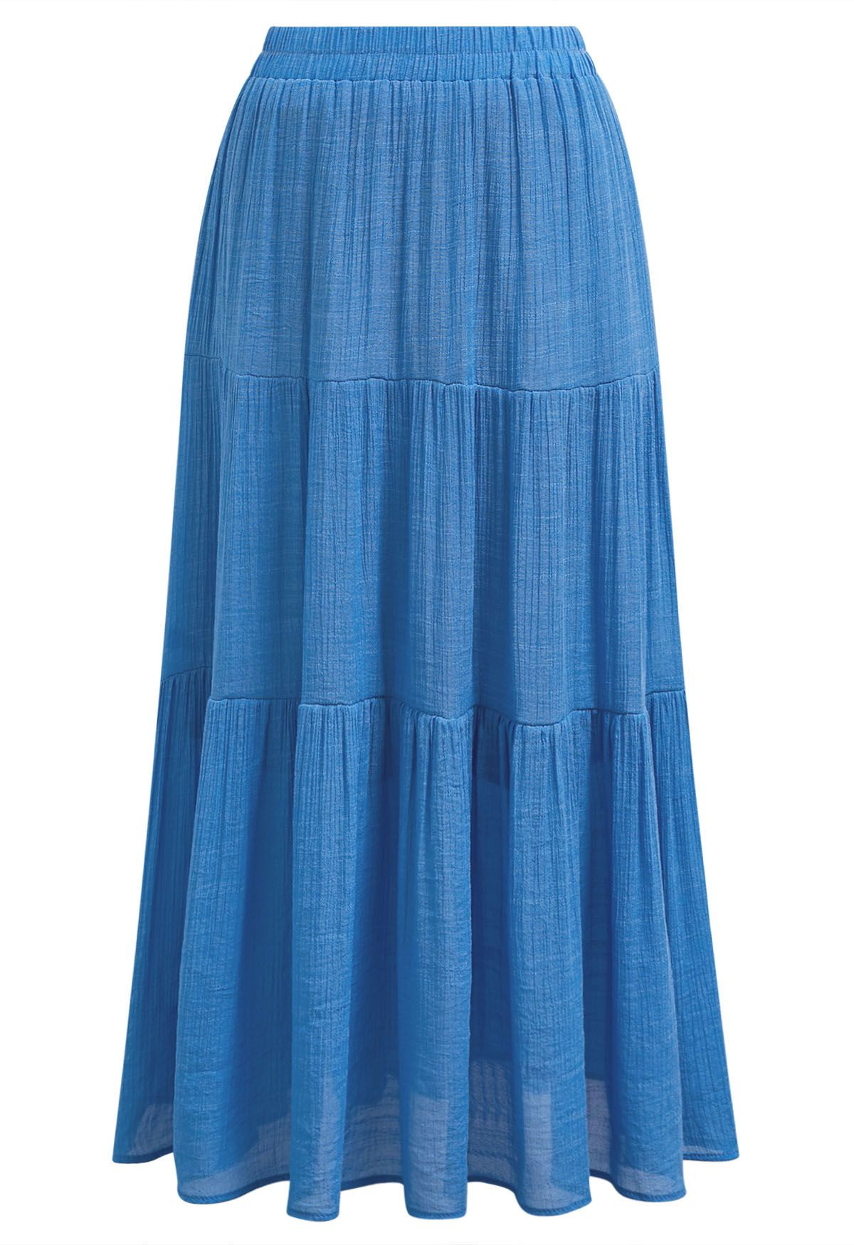 Crinkle Gathered Tiered Midi Skirt in Blue | Chicwish