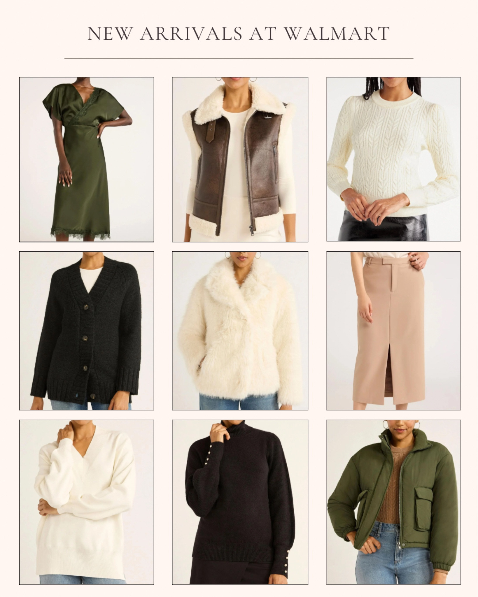New women’s arrivals at Walmart. Fall outfit. Cream oversized faux fur jacket. Olive green lace trimmed bias cut midi dress with short flutter sleeves. Tan crepe front slit midi skirt. Cream cable knit crewneck sweater. High rise stove pipe jeans. Olive green cargo puffer jacket. Black oversized Vneck cardigan. Cream vneck tunic sweater. Faux suede zip vest with faux shearling lining  

#LTKOver40 #LTKFindsUnder50