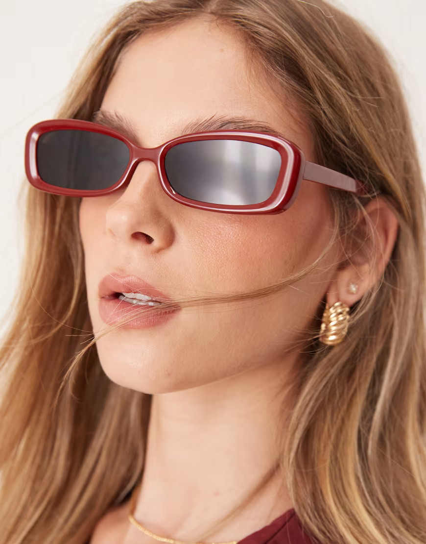 ASOS DESIGN narrow bevelled square sunglasses in shiny red | ASOS (Global)