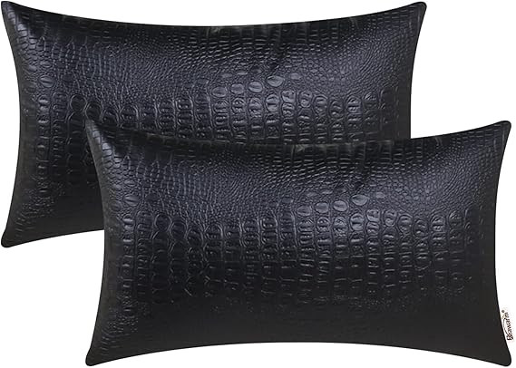 BRAWARM Faux Leather Pillow Covers 12 X 20 Inches, Black Leather Pillow Covers Pack of 2, Crocodi... | Amazon (US)