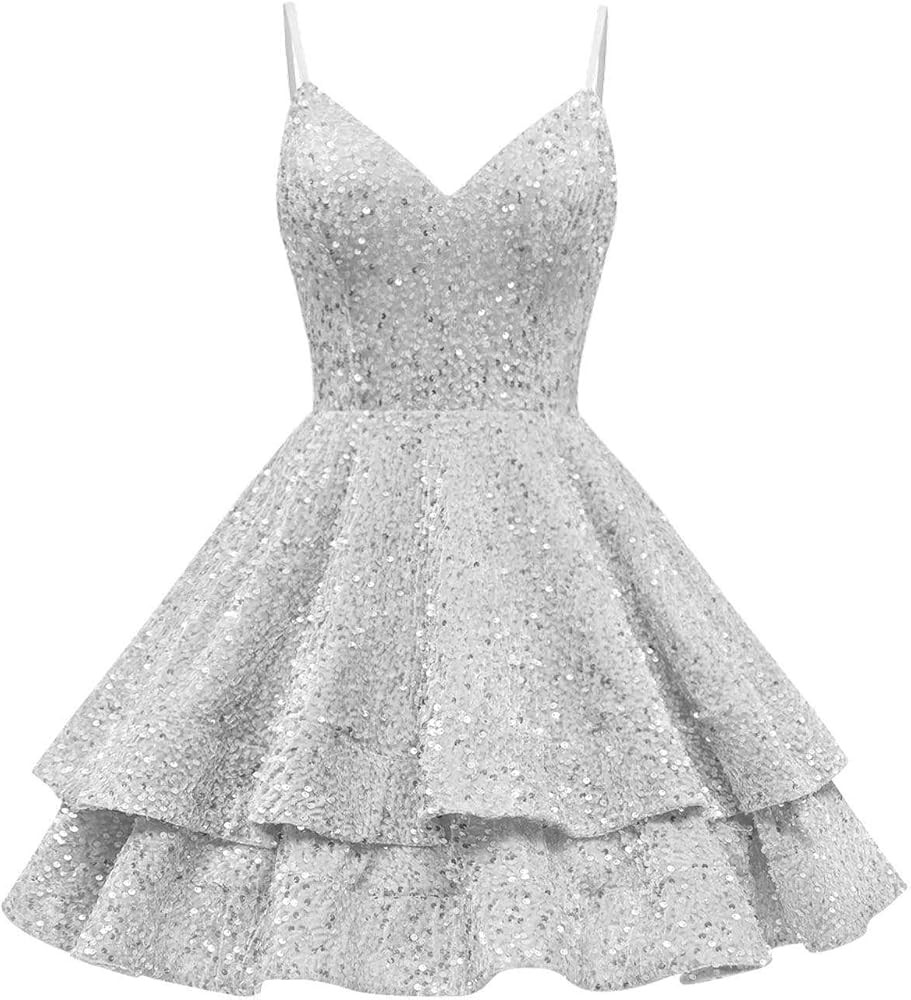 Sparkly Sequin Homecoming Dresses for Teens Tiered Short V Neck Prom Dresses 2024 Formal Cocktail... | Amazon (US)