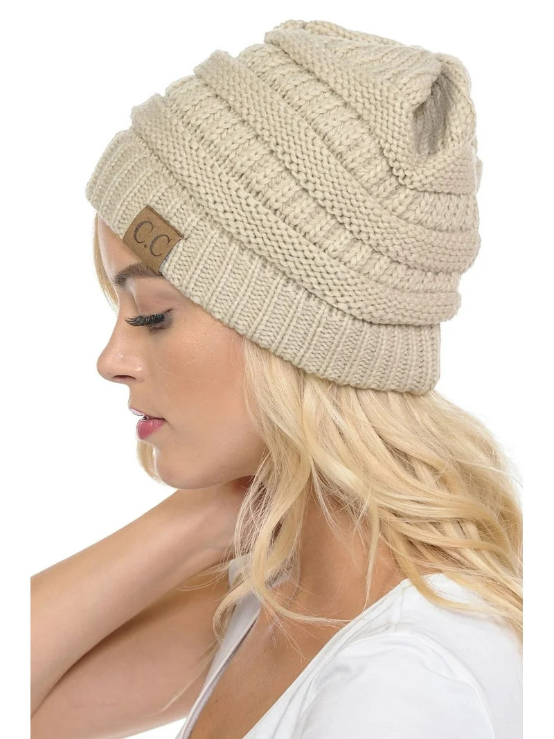 C.C Hat-20A Slouchy Thick Warm Cap Hat Skully Color Cable Knit Beanie Beige | Walmart (US)