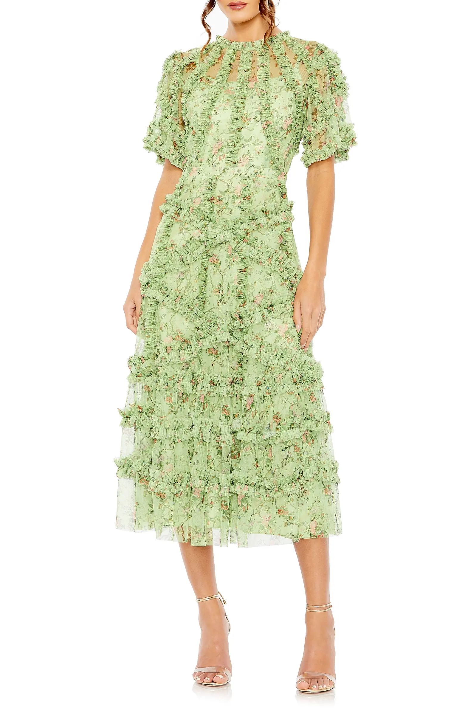 Floral Flutter Sleeve Ruffle Mesh A-Line Dress | Nordstrom