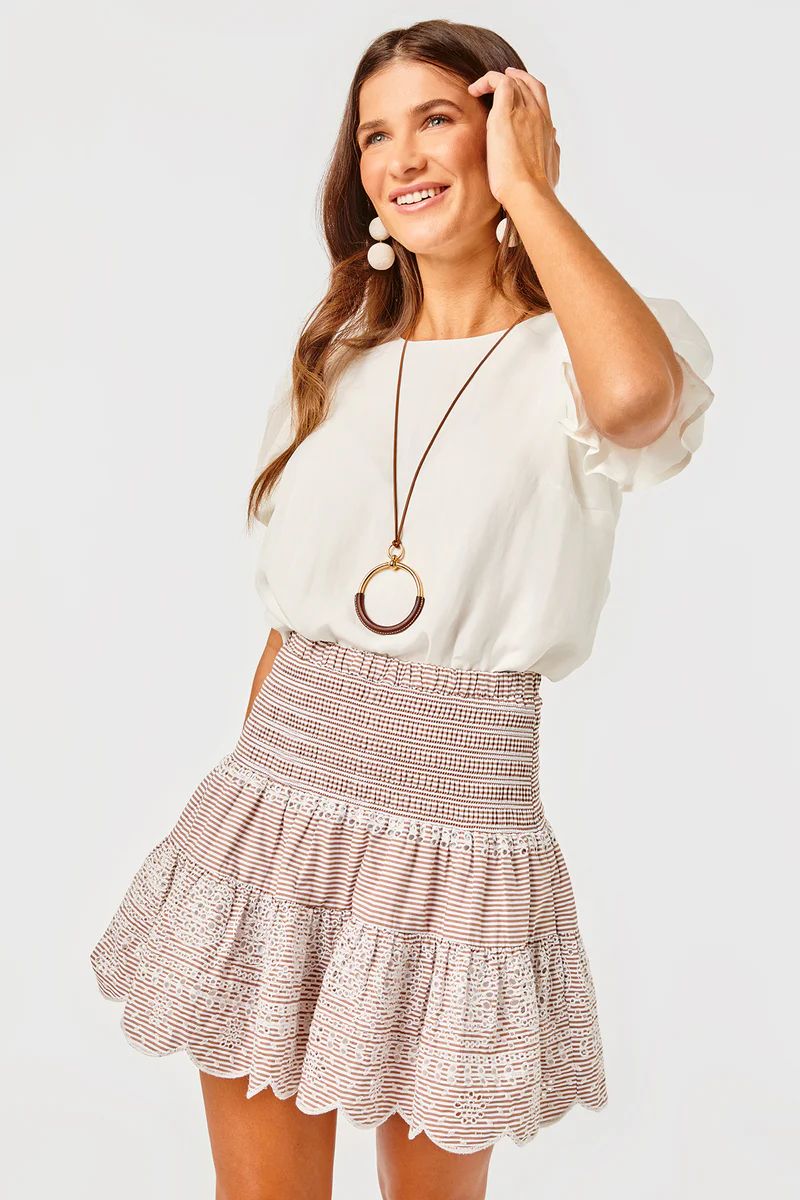 Kylie Skirt - Embroidered Cotton Poplin Eyelet - Mocha / White Stripes | Cartolina
