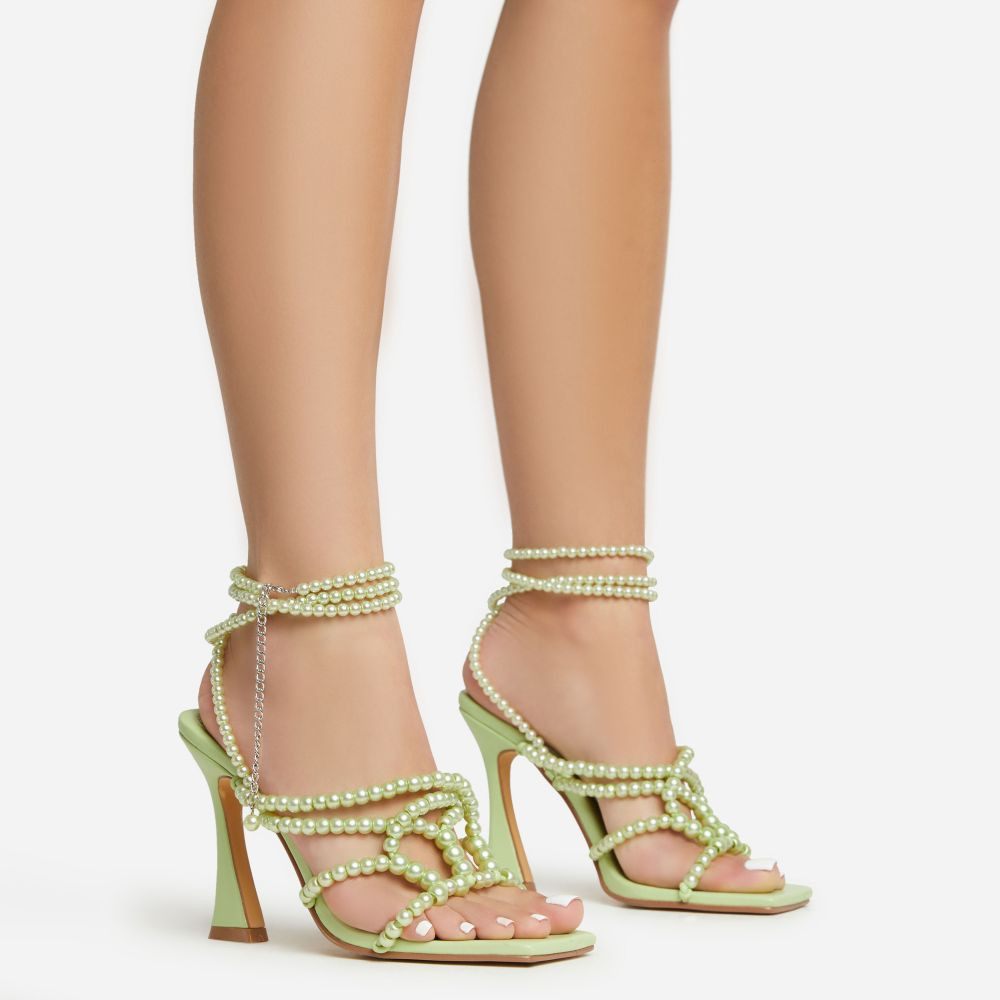 Truth-Or-Dare Beaded Strap Detail Square Toe Flared Block Heel In Green Faux Leather | EGO (UK)