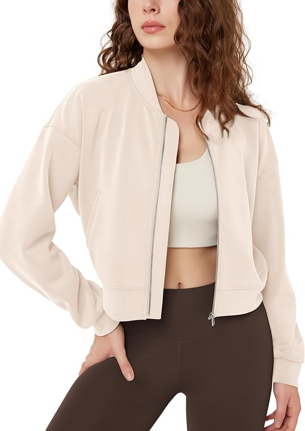 ODODOS Modal Soft Full-Zip Bomber Jacket for Women Long Sleeve Casual Fall Outfit Crop Top with P... | Amazon (US)
