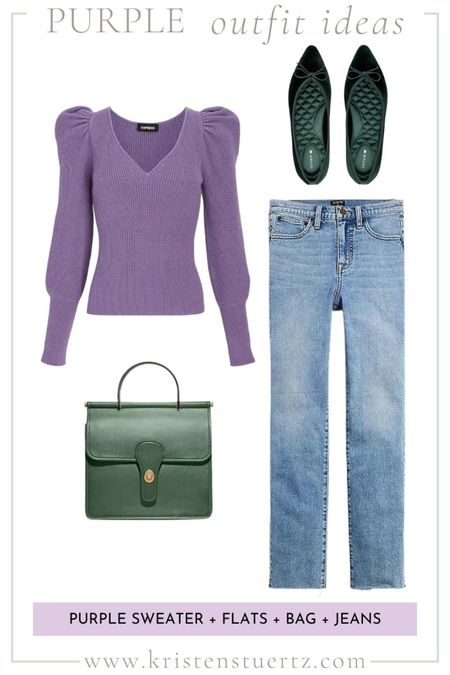 Cute sweater outfit for fall. Purple Express sweater. Green leather bag and matching shoes. Vintage inspired jeans.

#LTKSeasonal #LTKstyletip
