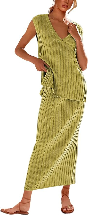 SCUSTY Women's 2 Piece Sweater Skirt Sets Sleeveless V Neck Knit Ribbed Vest Tops Midi Skirt | Amazon (US)