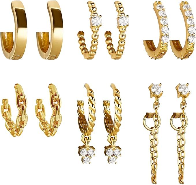 Erpels 6 Pairs Gold Huggies Hoop Earrings Set for Women Girls Small Dangle Chain Hoop Earrings Je... | Amazon (US)